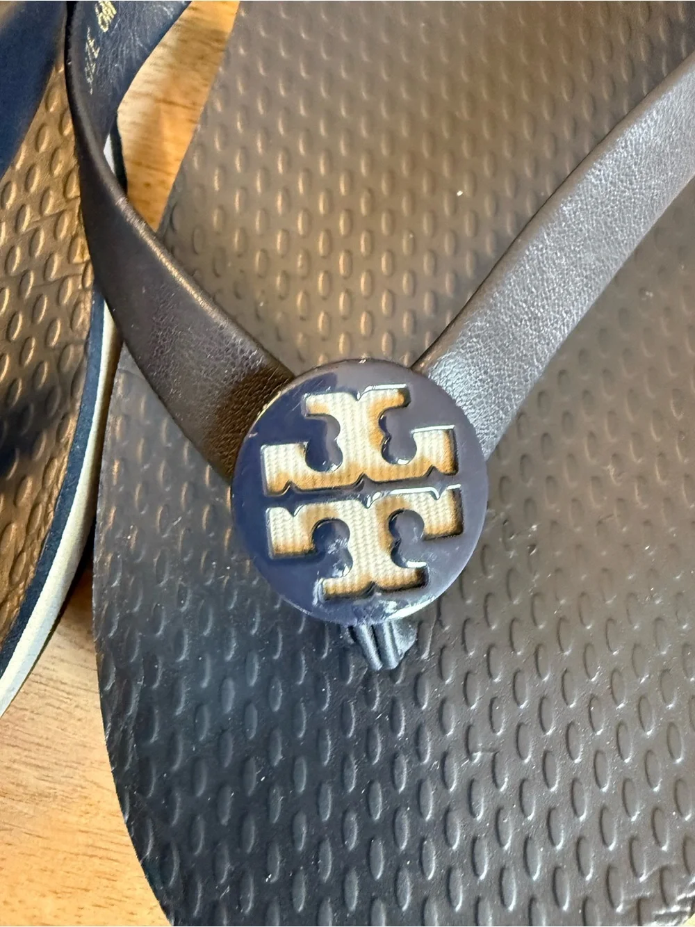 Tory Burch Logo Navy Blue Rubber Flip Flops Size 6